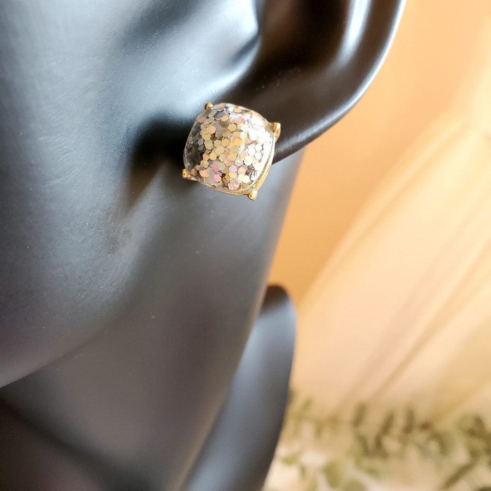 BOHO SILVER GLITTER CUSHION CUT STUD EARRINGS